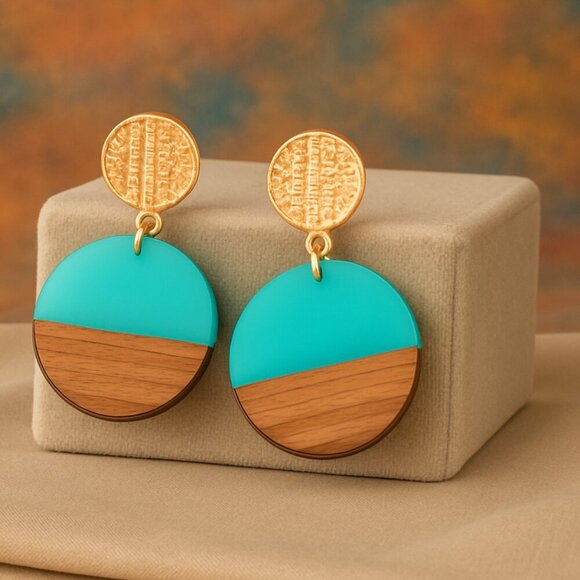 Boho Chic Turquoise Resin And Wood Drop Earrings Casual Elegant Trendy Design - Picture 8 of 12